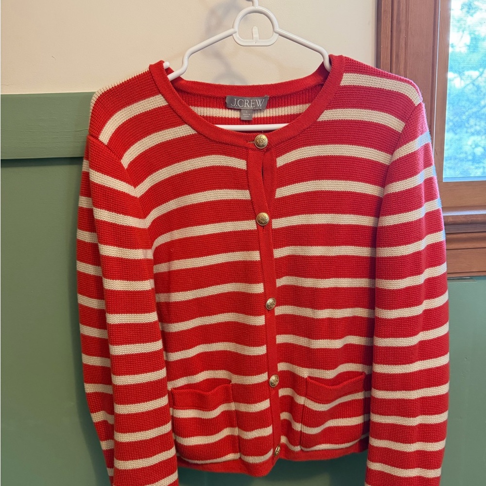 J. Crew Red and Cream Striped Cardigan
